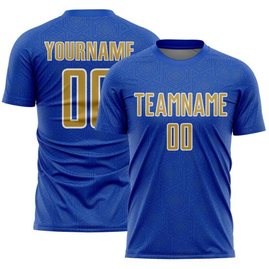 Sports Thunder Soccer Sublimation Shape Blue Geometric Jersey Uniform Gold-White Old Custom Sports Thunder Soccer Sublimation Shape Blue Geometric Jersey Uniform Gold-White Old Custom
